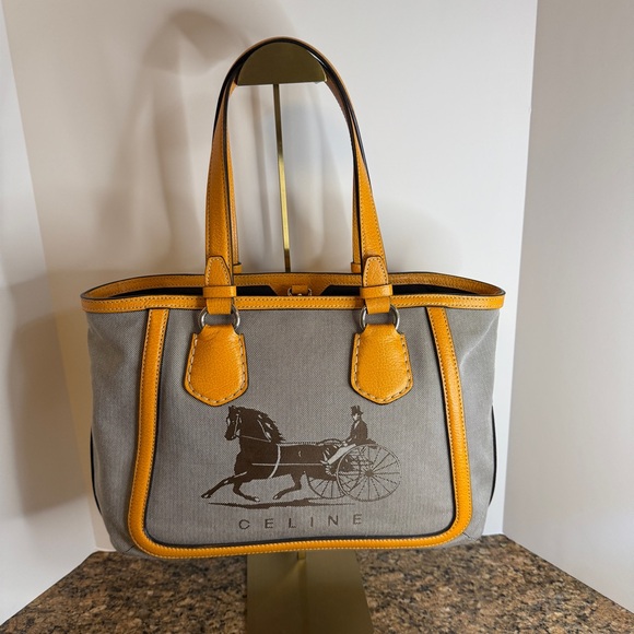 Celine Carriage Motif Grey Canvas Tote Bag with Yellow Leather Trim - Picture 1 of 14